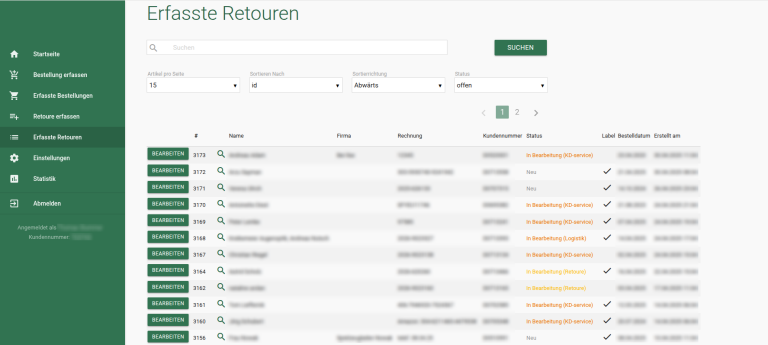 Retourenportal Übersicht