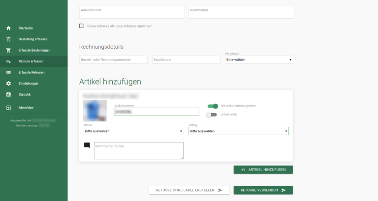 Retourenportal Artikelerfassung